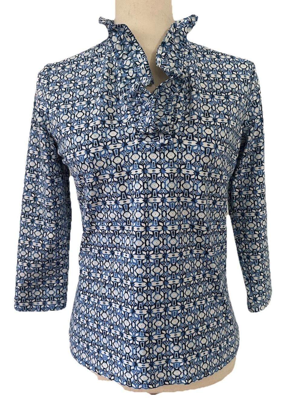 J. McLaughlin Catalina Cloth Top Women’s Size Small Ruffle V Neck Blue White